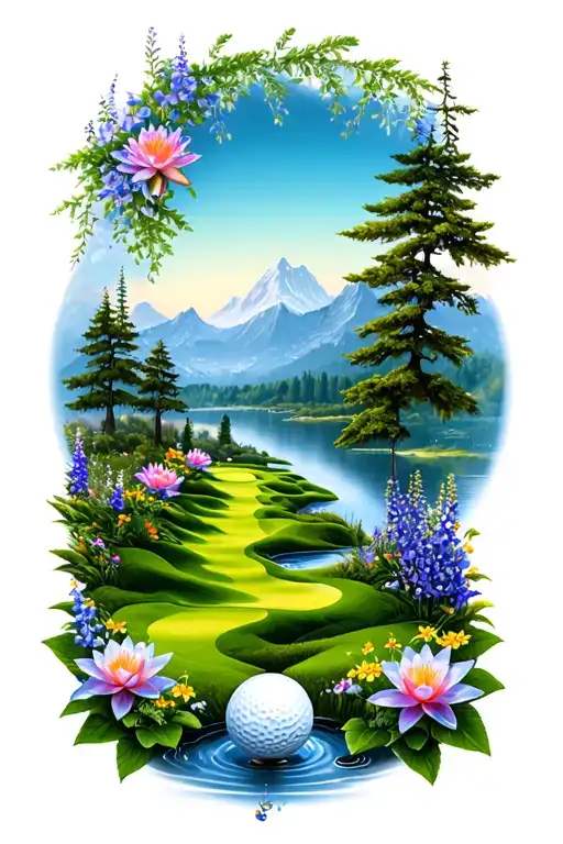Mystical Golf Course Landscape With Golf Ball Mountain Flowers Pine Trees Water Lily Larkspur