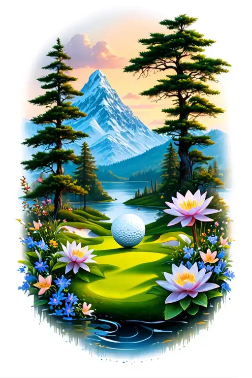 Mystical Golf Course Landscape With Golf Ball Mountain Flowers Pine Trees Water Lily Larkspur