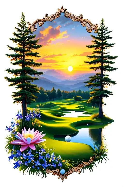 Golf Course Landscape With Golf Ball Rolling Hills Flowers Pine Trees Water Lily Larkspur Sunset