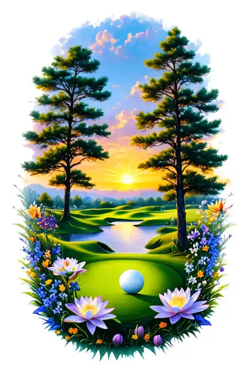 Golf Course Landscape With Golf Ball Rolling Hills Flowers Pine Trees Water Lily Larkspur Sunset