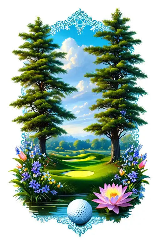 Golf Course Landscape With Golf Ball Rolling Hills Flowers Pine Trees Water Lily Larkspur Lace