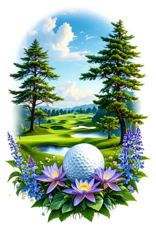 Golf Course Landscape With Golf Ball Rolling Hills Flowers Pine Trees Water Lily Larkspur Lace