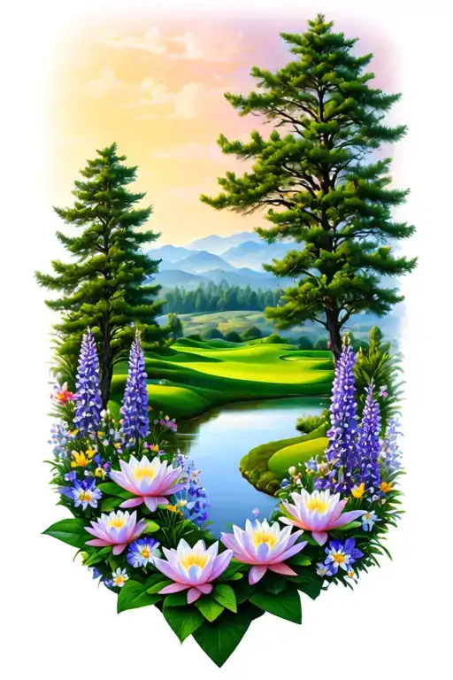 Golf Course Landscape Rolling Hills Flowers Pine Trees Water Lily Larkspur Lace