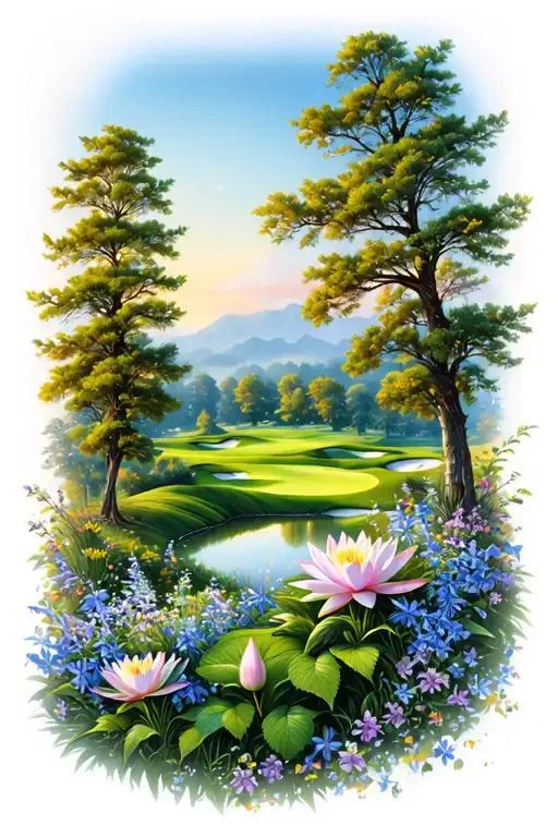 Golf Course Landscape Rolling Hills Flowers Pine Trees Water Lily Larkspur Lace