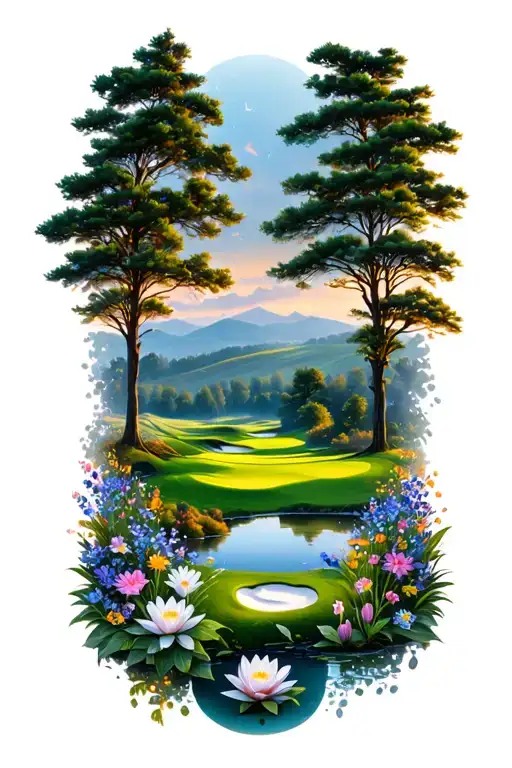 Mystical Golf Course Landscape Rolling Hills Flowers Pine Trees Water Lily Larkspur