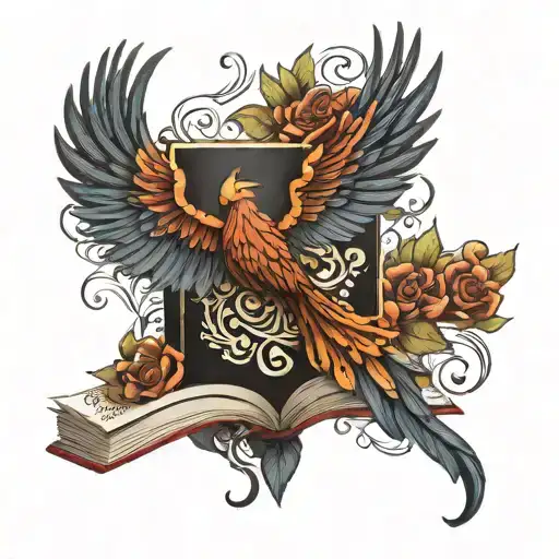 Phoenix Coming Out Of A Book Surrounded By Bold Floral