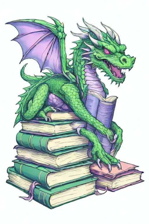 Green Dragon With Purple Eyes Standing Over A Stack Of Books