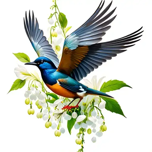 Bird Flying With Hawthorn And Lily Of The Valley Flowers