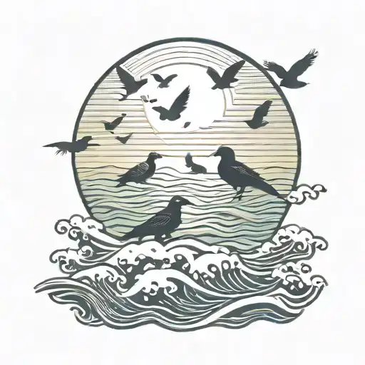 Waves 3 Pigeons Sun Rise Silhouette