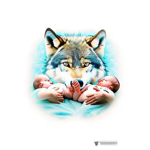 A Wolf Is Feeding Two Baby Human And Another Baby Boy Human Sitting On The Wolf