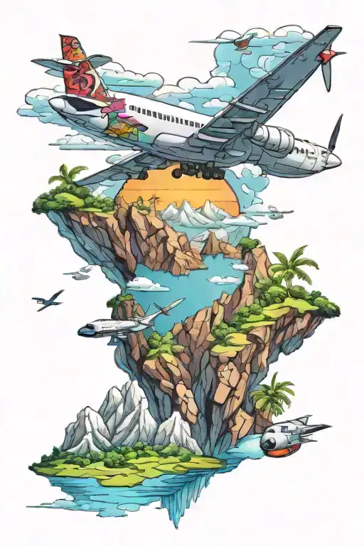 Tropical Mountain Airplane Flying Over A World