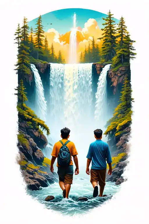 Two Brothers Walking Towards Waterfall