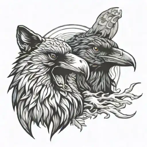 Raven And Wolf Howling Together Face