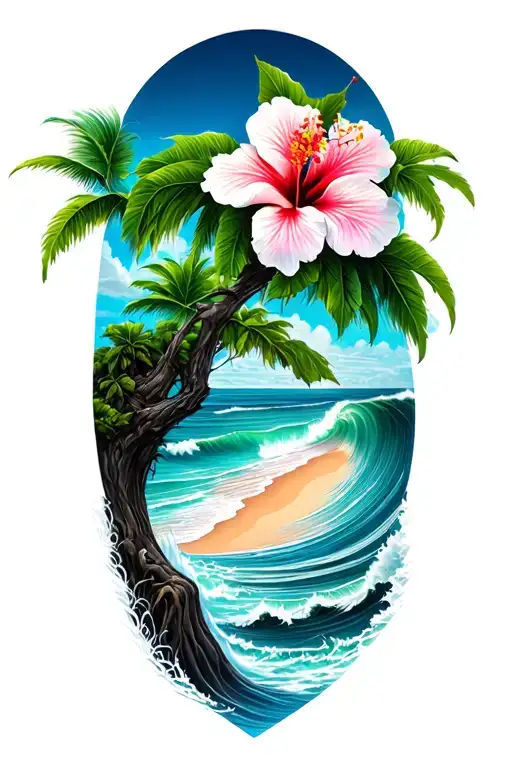 Banyan Tree With Hibiscus Flower With Waves And A Beach