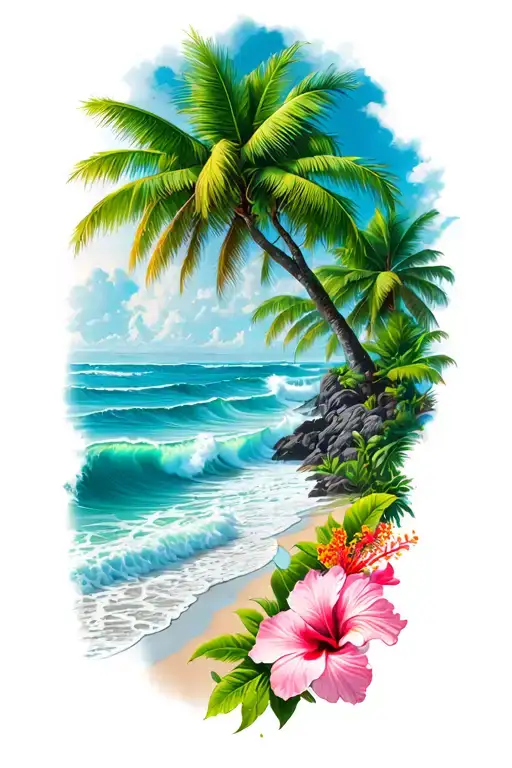 Waves On A Beach With A Banyan Tree And Hibiscus Flower