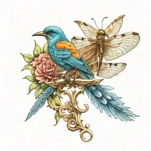 Bird And Dragonfly Perched Regally