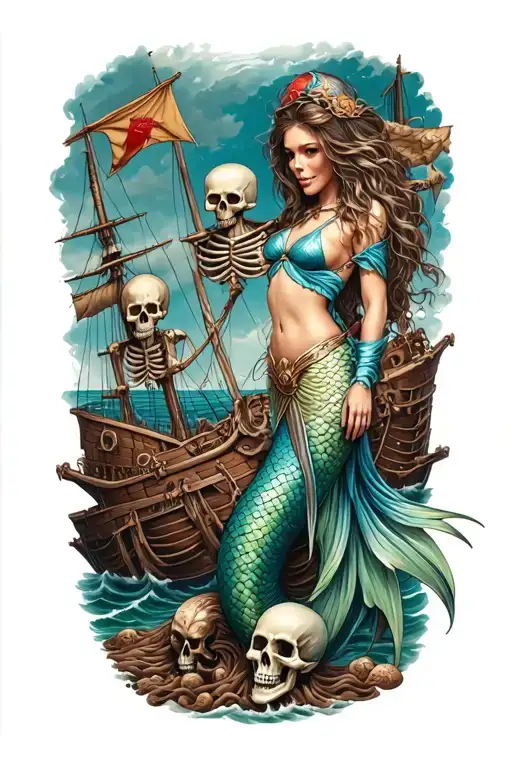 A Mermaid Warrior Guarding A Shipwreck Surrounded By Pirate Skeletons