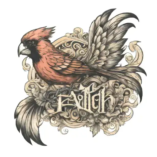 A Cardinal Flying Spelling Out The Word Faith With Leopord Print Lettering