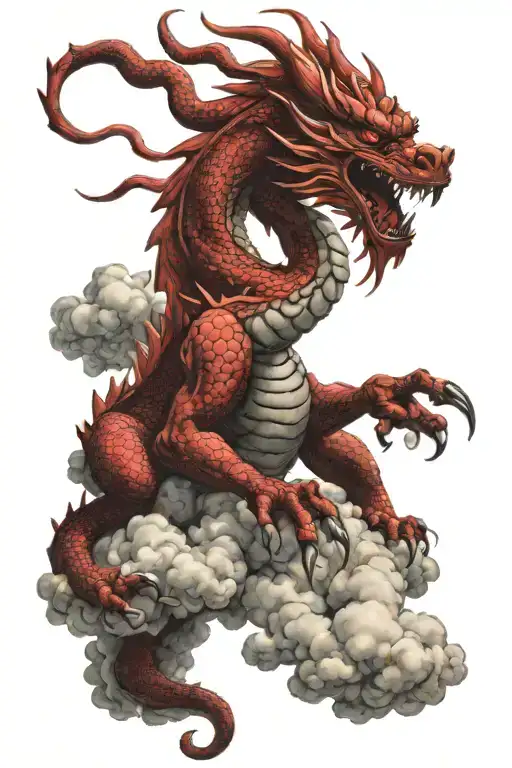 A Red Chinese Dragon Flying Through Clouds