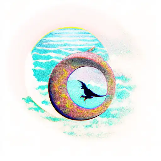 A Hoopoe Bird Flying Over A Serene Ocean Landscape With A Crescent Moon In The Sky