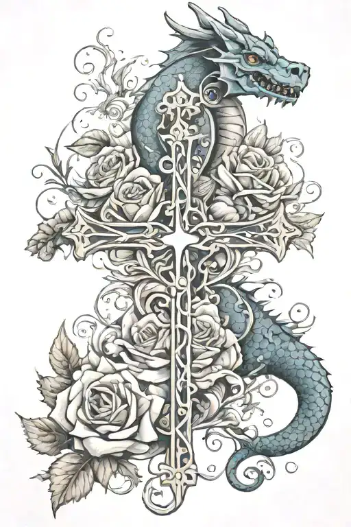 Family In Cursive And Hearts With Smoke A Cross And Roses With Dragon