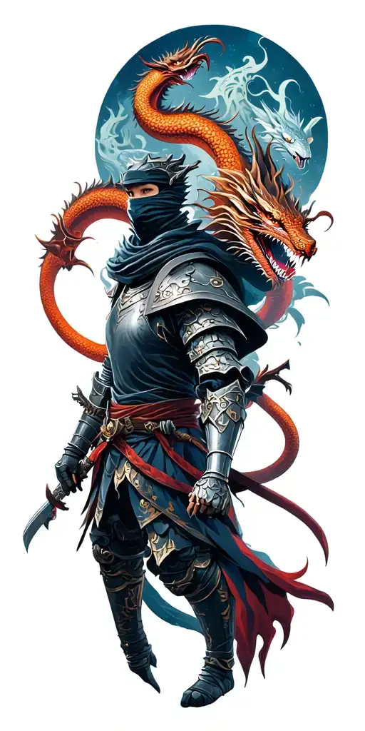 Ninja In Armor With Great Detail In The Background With Dragons On The Whole Hand