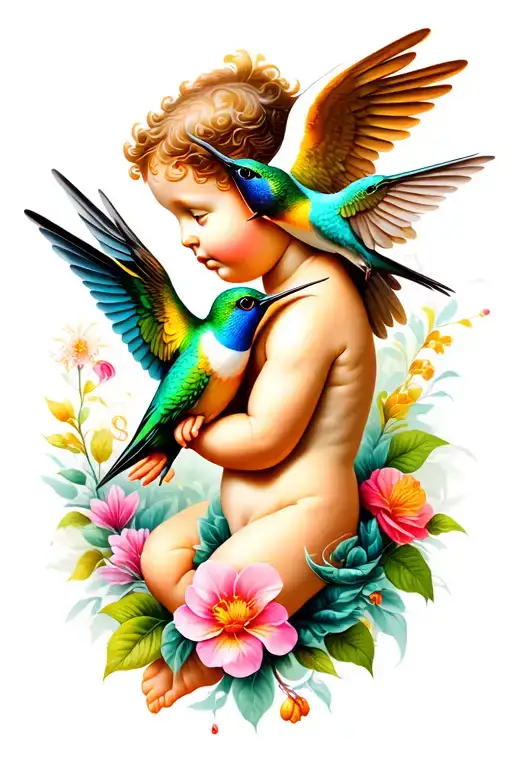 Cherub And Hummingbird Sipping Nectar