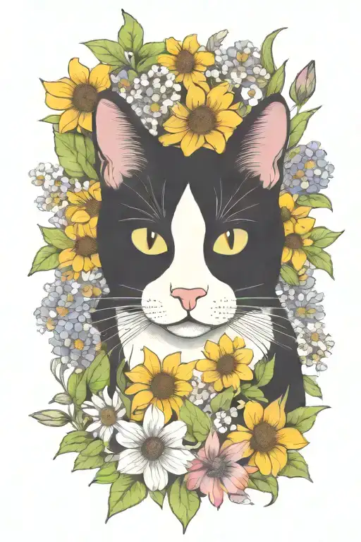 A Whimsical Black And White Cat Exploring A Field Of Wildflowers