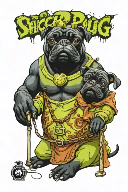 Black Pug And Shrek Ogre Sitting