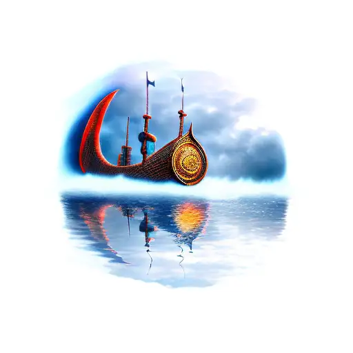 Viking Ship Water Reflection Storm Lighting Bolt Houses In Horizont