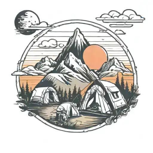 Camping Scene With Mountain And Sunset Inside Enso Circle