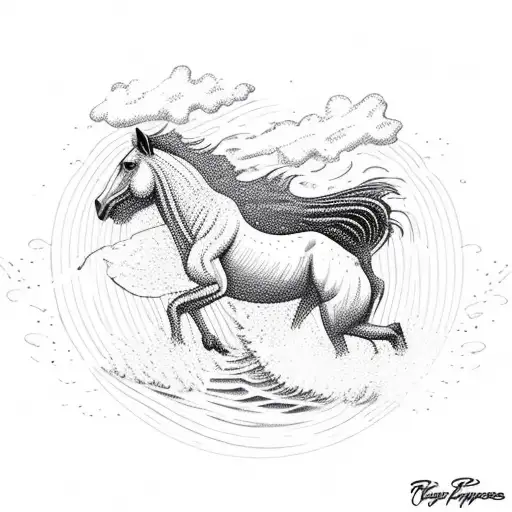 A Horse Jumping Over A Campfire On The Beach With Waves Crashing In The Background