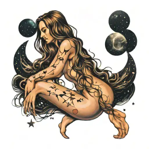 Nude Women With Long Hair Sitting With The Capricorn Star Constellation