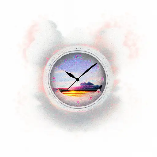 Father And Daughter Shadow Walking On The Sunset With A Clock