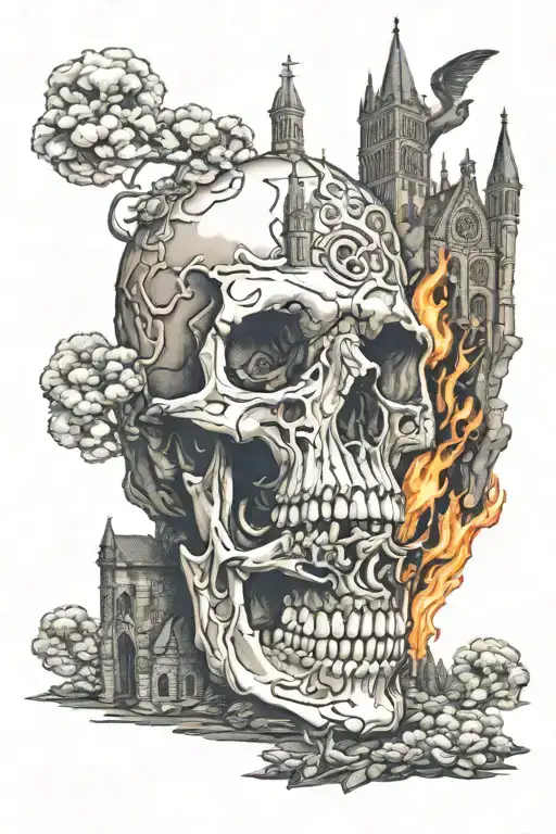 Burning Up Gothic Monastery Growing From The Skull