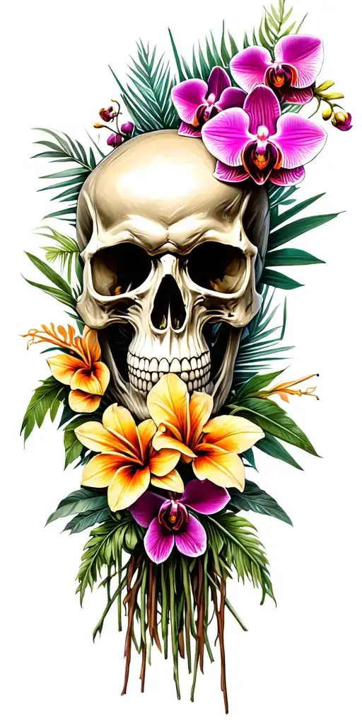 One Skull Surrounded By Tropical Flowers And Orchids Bouquet And Barbed Wire