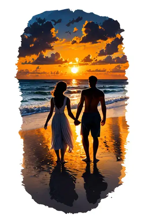 Beach Sunset With Couple Holding Hands