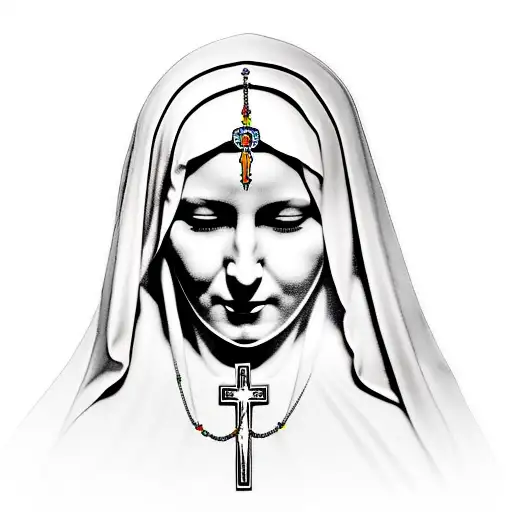 Mother Mary Head With Praying Hands And A Rosary Bead