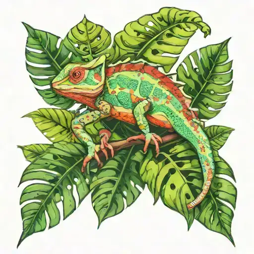 Chameleon On A Monstera Plant