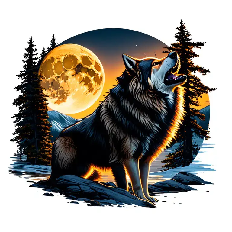 Adult Wolf Howling At The Moon In The Distance With Forest Lake Behind