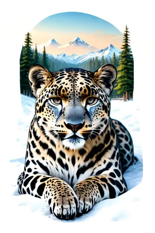 Snow Leopard Layingdown With Background Of Forrest And Mountains