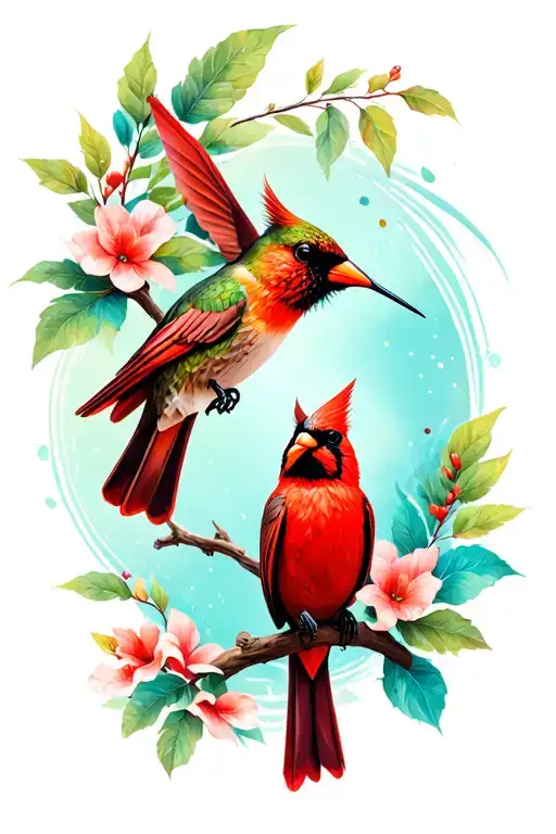 Cardinal And Hummingbird Perched