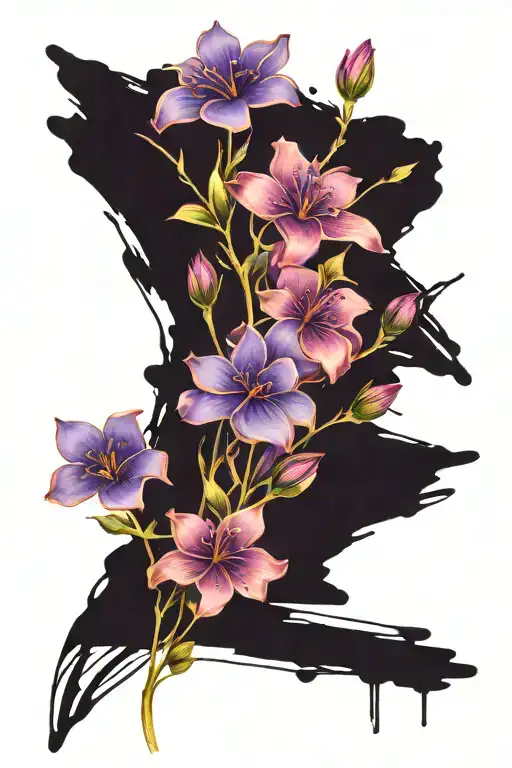 Brush And Abstract Lines With Three Tiny Purple Flowers
