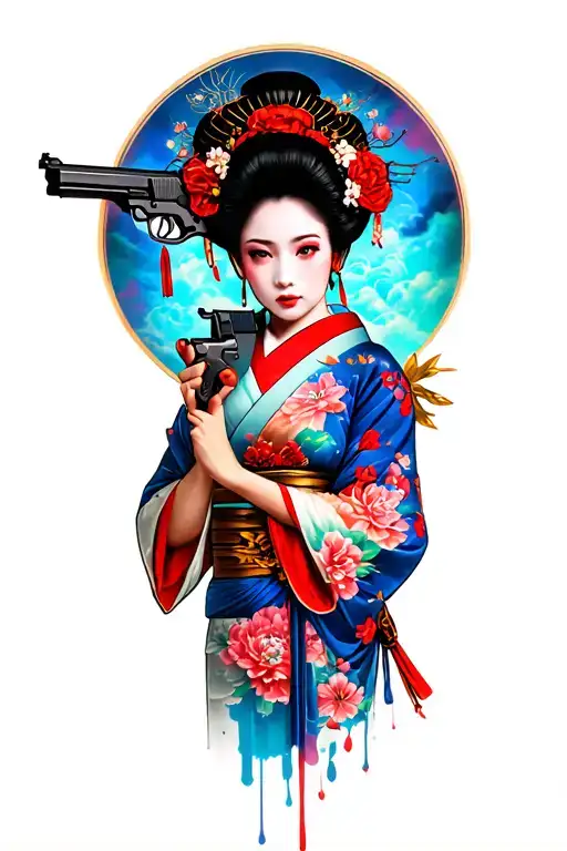 Geisha Holding Gun Seductive Pose Psychedelic
