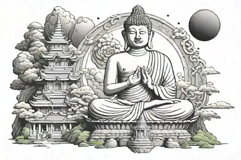 Big Buddha In Thailand Near Small Man Moon Surrounded