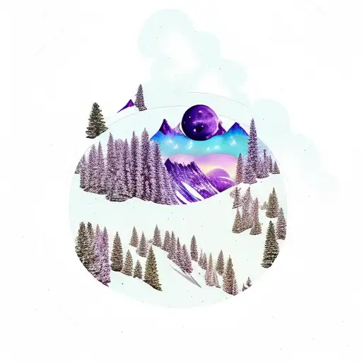 Mountain Scene With Pine Trees And A Purple Sky With Planets And Stars