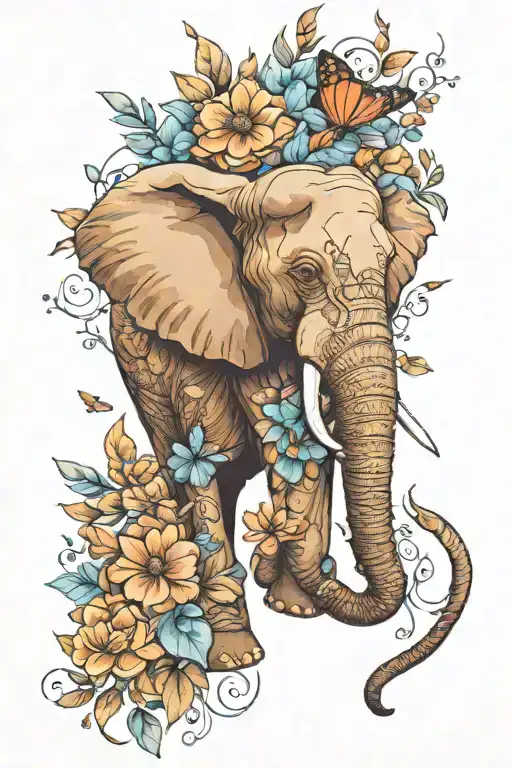 Full Arm Sleeve Elephant With Flowers And Butterflies Around It
