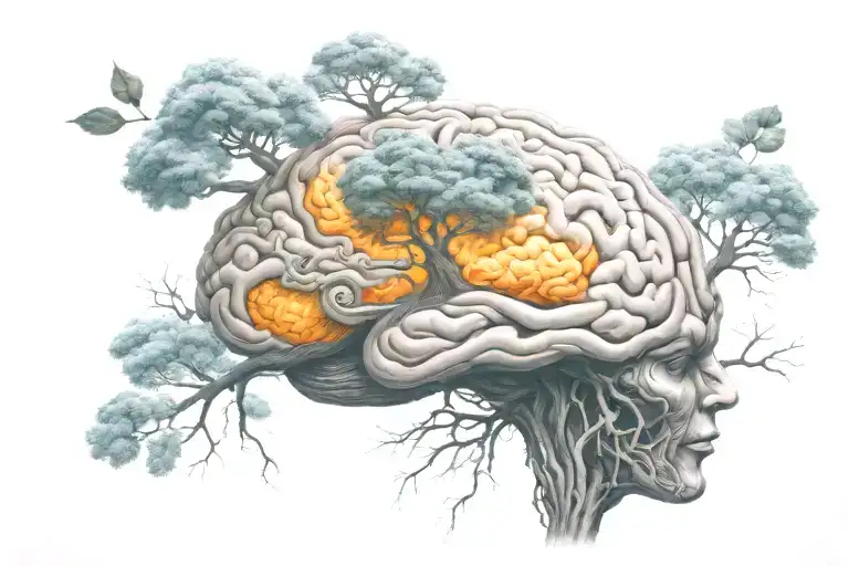 A Surreal Scene Of A Floating Brain Meditating Under A Tree Of Wisdom