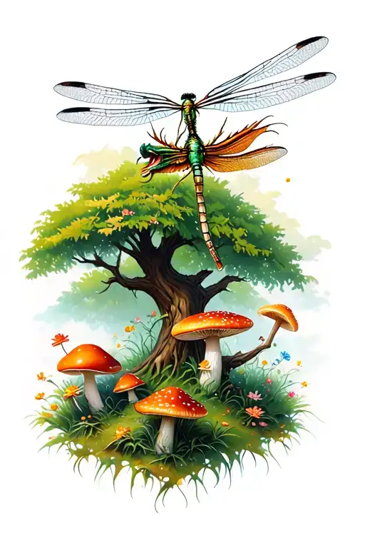 Dragon Fly And Mushrooms And Flowers With A Willow Tree In The Background