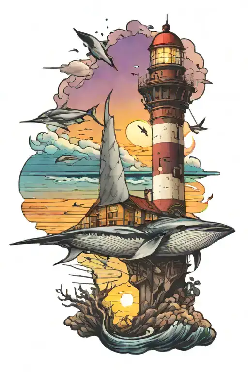 Lighthouse Wrapped By Manta Ray With Sunset And Ocean